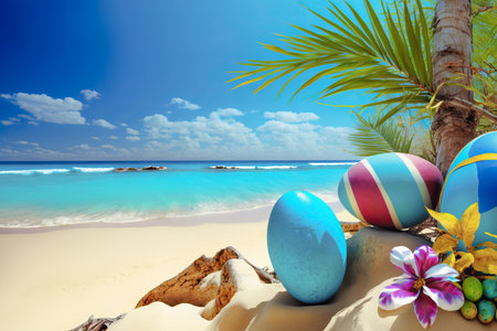 Colorful painted easter eggs on tropical beach with turquoise sea in the background. Generative Aiの素材