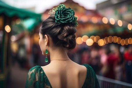 Young woman wearing flamenco dress at the April Fair (Feria de Abril de Sevilla). Generative Aiの素材