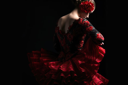 Attractive Woman wearing traditional flamenco dress on black background (Seville April Fair). Generative Aiの素材