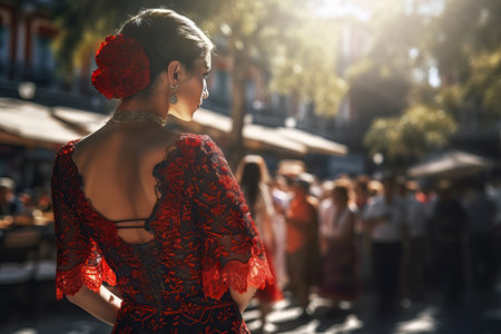 Young woman wearing flamenco dress at the April Fair (Feria de Abril de Sevilla). Generative Aiの素材