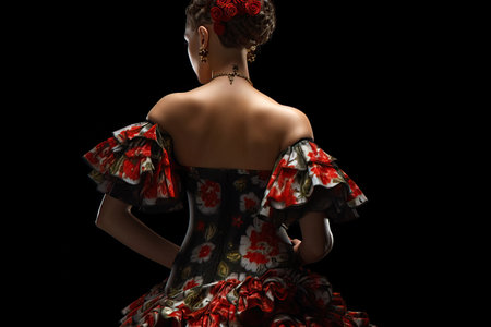 Attractive Woman wearing traditional flamenco dress on black background (Seville April Fair). Generative Aiの素材