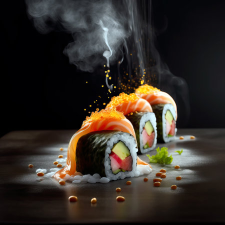 Mouthwatering Photography of Sushi on Sleek Black Background. Ai generated artの素材