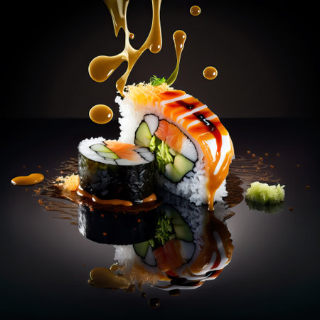 Mouthwatering Photography of Sushi on Sleek Black Background. Ai generated artの素材