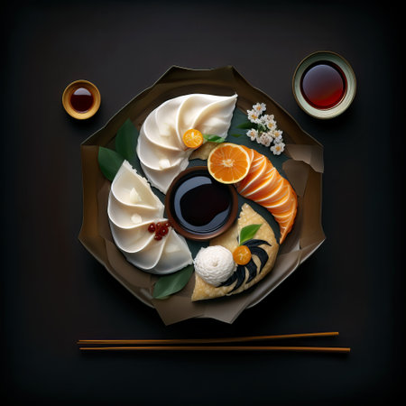 Mouthwatering Photography of modern japanese food on Sleek Black Background. Generative Aiの素材