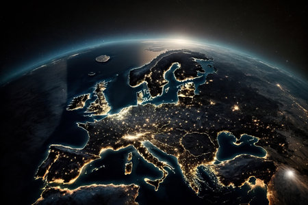 Planet Earth from Space at night. Europe Countries highlighted. City lights showing human activity in Europe from space. Generative Aiの素材
