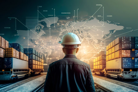 Back view of Manager and engineer checking and control logistic network distribution and customer data for logistic Import export on global network background. Generative Aiの素材