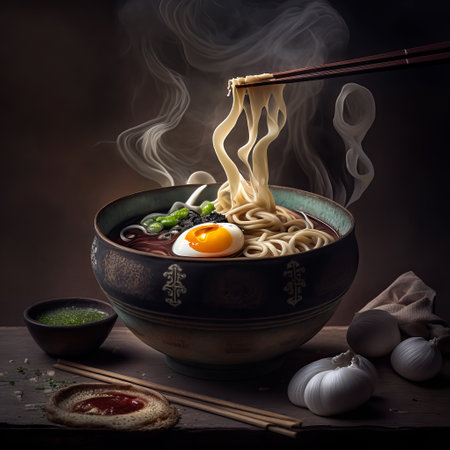 Mouthwatering Photography of Udon Noodle. Modern japanese food on Sleek Black Background. Ai generated artの素材
