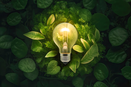 Light bulb between the leaves. Concept of Sustainability, ecology, renewable energy and recycling. creative AIの素材