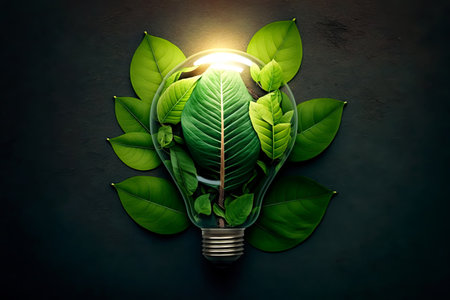 Light bulb with green leaves inside. Sustainable, ecology, renewable energy and recycling. Generative Aiの素材