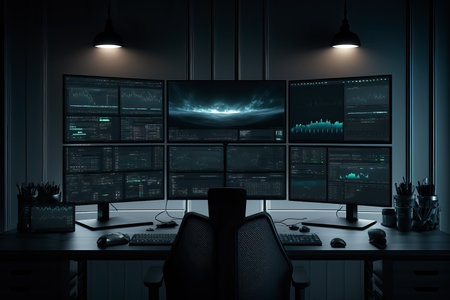 Dark control room with many screens as a trading setup with charts on the screens. tock exchange trading screens, professional traders workstation. Generative Aiの素材