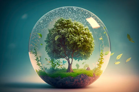 World earth day. Realistic glass globe with a tree inside. Eco friendly environment concept. Generative Aiの素材