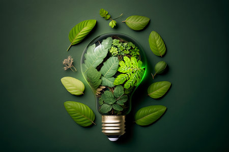 Light bulb between the leaves. Concept of Sustainability, ecology, renewable energy and recycling. creative AIの素材