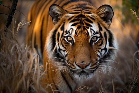 Stunning wild bengal tiger walking through the jungle at sunset. Amazing Wildlife. Generative Aiの素材
