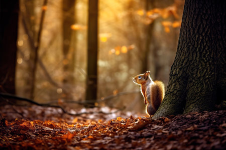 Squirrel in the autumn forest with bright golden light. Amazing wildlife. Generative Aiの素材