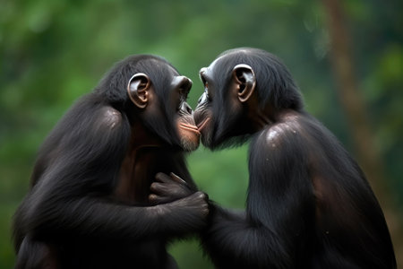 Tender scene of two bonobo chimpanzees kissing. Amazing African Wildlife. Generative Aiの素材