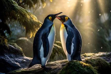 Penguin Couple in love illuminated by sunbeams at sunrise. amazing wildlife. creative AI. Amazing Wildlife. Generative Aiの素材