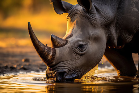 Portrait of Majestic Wild Rhino drinking water at sunset. Amazing African Wildlife. Generative Aiの素材