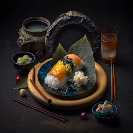 Mouthwatering Photography of modern japanese food on Sleek Black Background. Generative Aiの素材