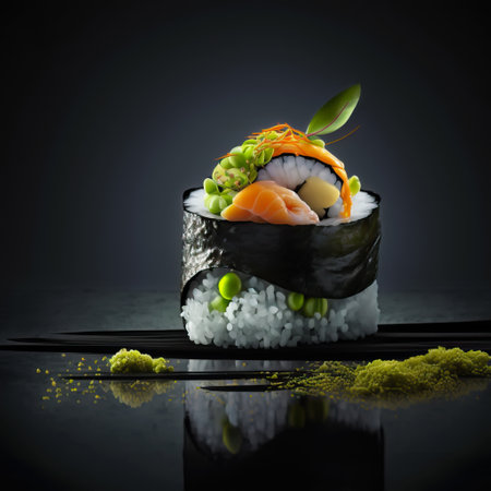 Mouthwatering Photography of Sushi on Sleek Black Background. Ai generated artの素材
