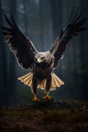 Beautiful hawk with spread wings in the depth of the forest. Amazing Wildlife. Generative Aiの素材