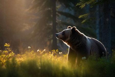 Grizzly Bear in the forest at sunrise. Amazing Wildlife. Generative Aiの素材