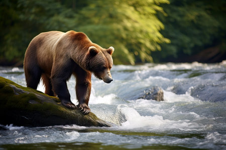 Stunning brown bear trying to catch salmon fish in natural habitat. Amazing wildlife. Generative Aiの素材