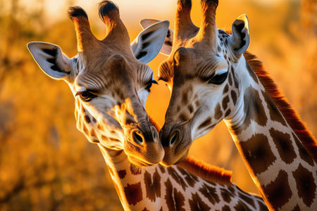 Beautiful portrait of a giraffe couple in love in the African savanna at sunset. Amazing African wildlife. Generative Aiの素材