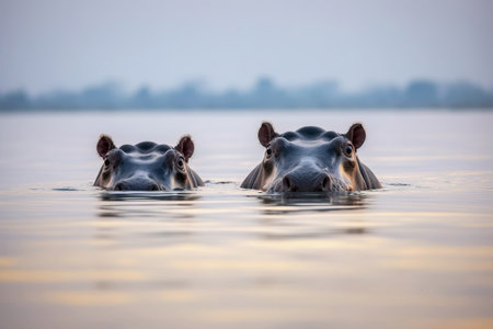 Hippos bathing in the river delta at sunrise. Amazing African wildlife. Generative Aiの素材