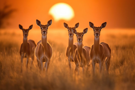 Herd of female impalas in the dry grass of savanna at sunset. Amazing African wildlife. Generative Aiの素材