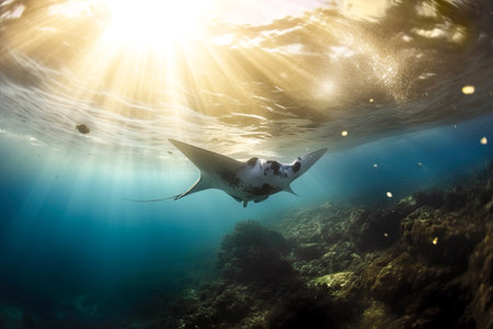 Manta Ray swimming in the blue ocean with sun rays beaming down from above. Amazing Wildlife. Generative Aiの素材