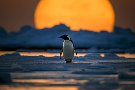 Stunning image of a Penguin on the sea ice in the Antarctica at sunset Giant sunset in the background. Amazing Wildlife. Generative Aiの素材