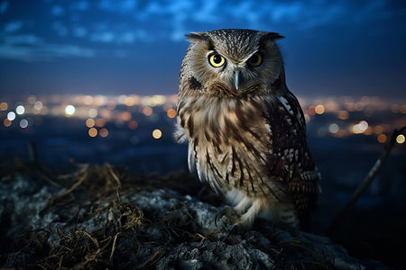 Portrait of an owl at night with defocused bokeh lights of a city in the background. Amazing nature. Generative Aiの素材