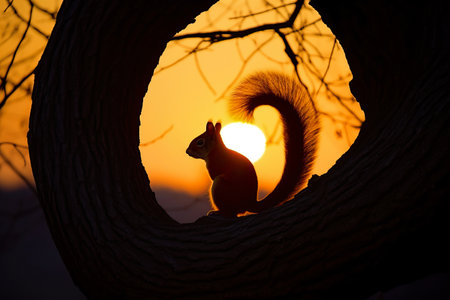 Squirrel sitting on top of a tree at sunset. Amazing Wildlife. Generative Aiの素材