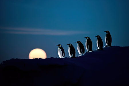 Beautiful image of emperor penguins walking in a row with the full moon in the background at night. Amazing Wildlife. Generative Ai.の素材