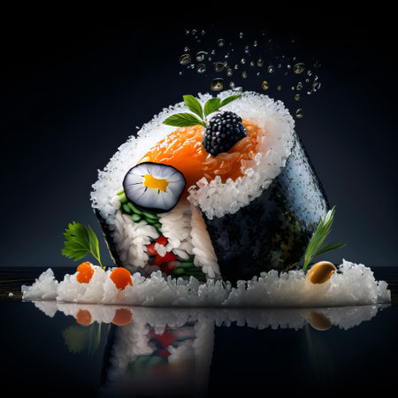 Mouthwatering Photography of Sushi on Sleek Black Background. Ai generated artの素材