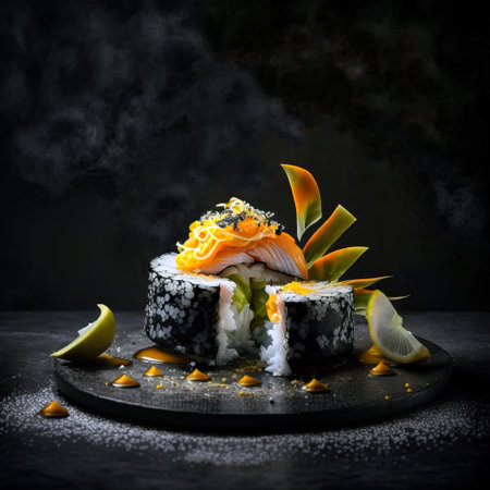 Mouthwatering Photography of Sushi on Sleek Black Background. Ai generated artの素材