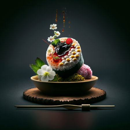 Mouthwatering Photography of modern japanese food on Sleek Black Background. Generative Aiの素材
