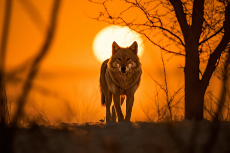Wild Gray wolf walking in the forest at sunset with Giant sunset in the background. Amazing wildlife. Generative Aiの素材