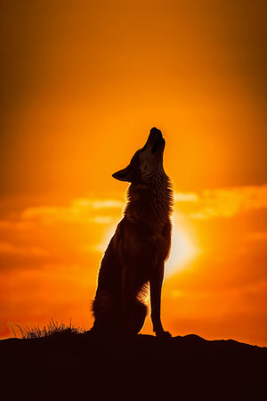 Wild Wolf howling on a rock at sunset. Giant sunset in the background. Amazing Wildlife. Generative Aiの素材