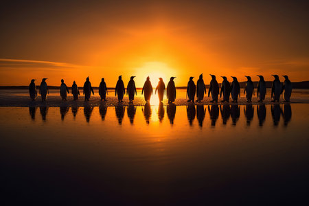 Beautiful image of emperor penguins walking on the beach at sunset. Amazing Wildlife. Generative Aiの素材