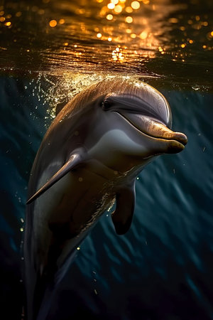 Dolphin swimming underwater illuminated by sunlight. amazing wildlife. creative AIの素材