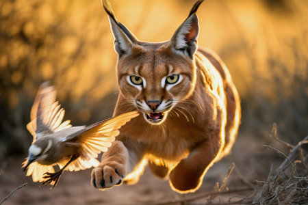 Stunning image of a Caracal trying to hunt a bird. Incredible African wildlife. Generative Aiの素材
