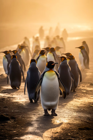 Emperor Penguins walking on Antarctica at sunset. Amazing Wildlife. Generative Aiの素材