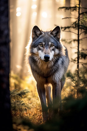 Portrait of Wild Gray wolf walking in the forest at sunrise. Amazing wildlife. Generative Aiの素材
