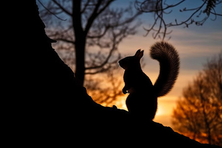 Silhouette of a squirrel in the forest at sunset. Amazing Wildlife. Generative Aiの素材