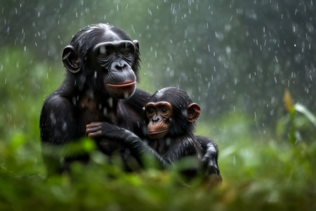 Affectionate portrait of bonobo pygmy chimpanzee with her baby on a rainy day in the forest. Incredible African wildlife. creative AIの素材