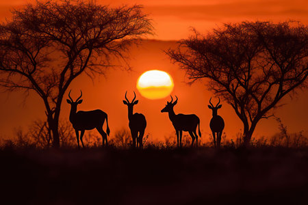 Herd of impalas silhouettes in the dry grass of savanna at sunset. Amazing African wildlife. Generative Aiの素材
