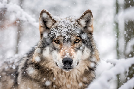 Portrait of a Gray wolf in the cold snowy winter forest. Amazing Wildlife. Generative Aiの素材