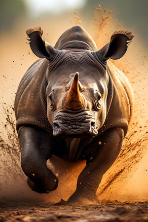 Powerful African rhino running towards the camera in the savanna. Amazing African Wildlife. Generative Aiの素材