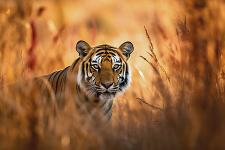Great tiger male walking during the golden light time. Amazing Wildlife. Generative Aiの素材
